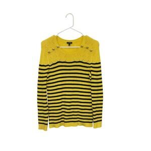 Talbots Womens Yellow Striped Knit Sweater Pointelle Sz Medium Petite Bumblebee